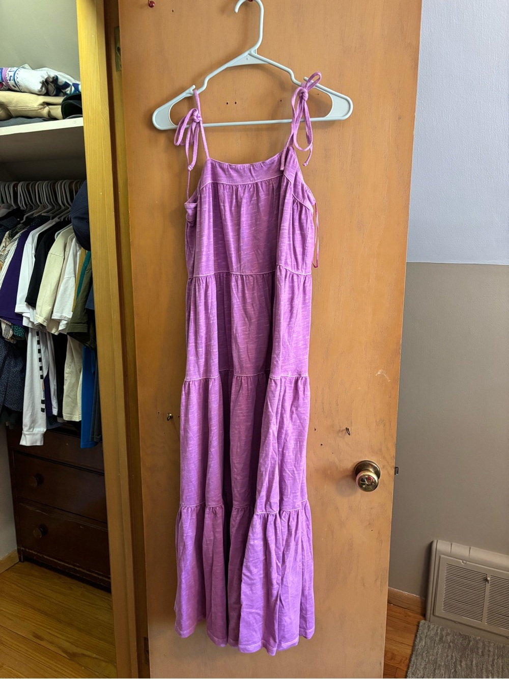 American Eagle Outfitters Purple Tie-Shoulder Tiered Midi Dress
